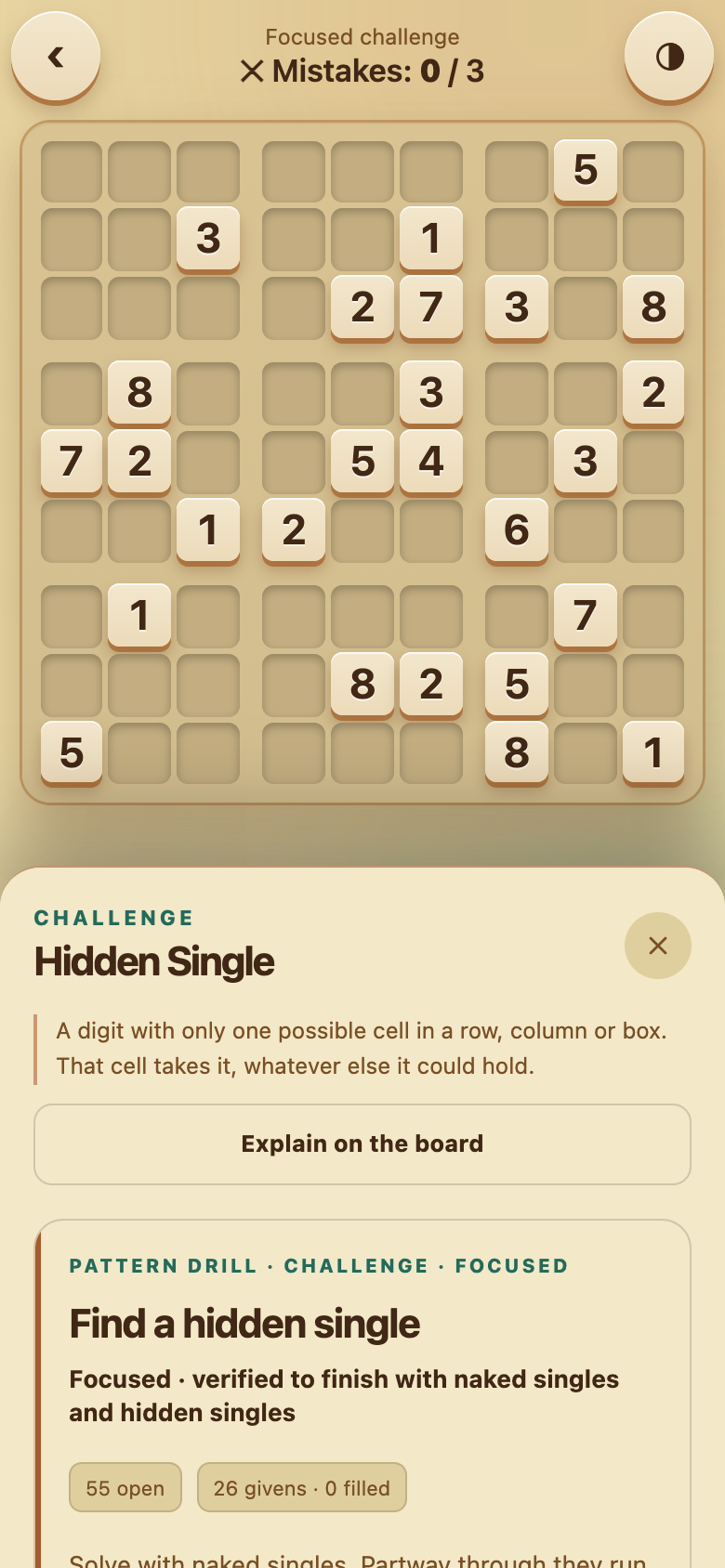Hidden Single Challenge in progress.