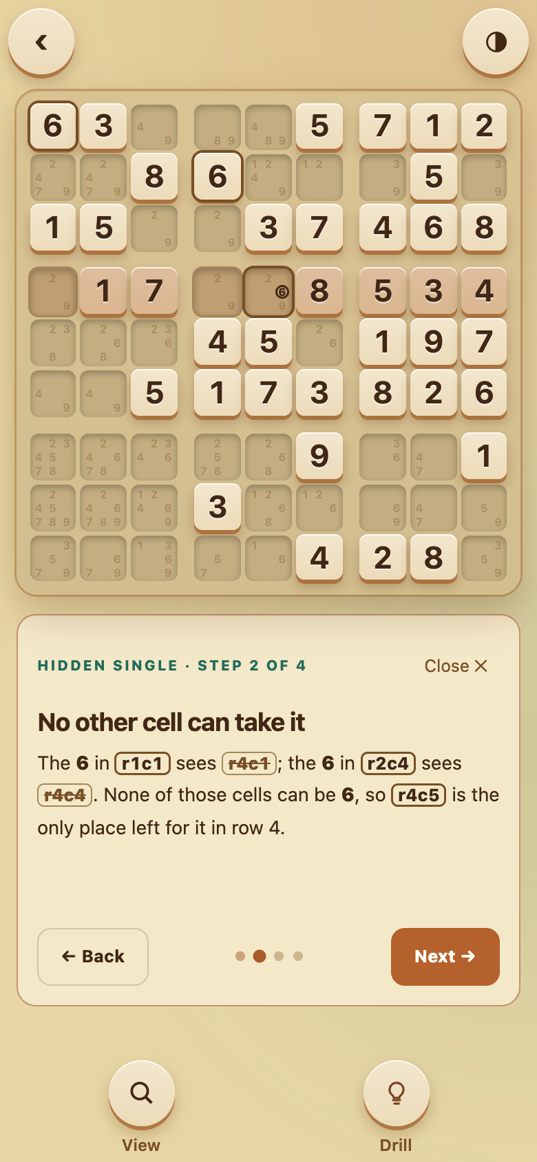 Hidden Single worked example, mid-walkthrough.