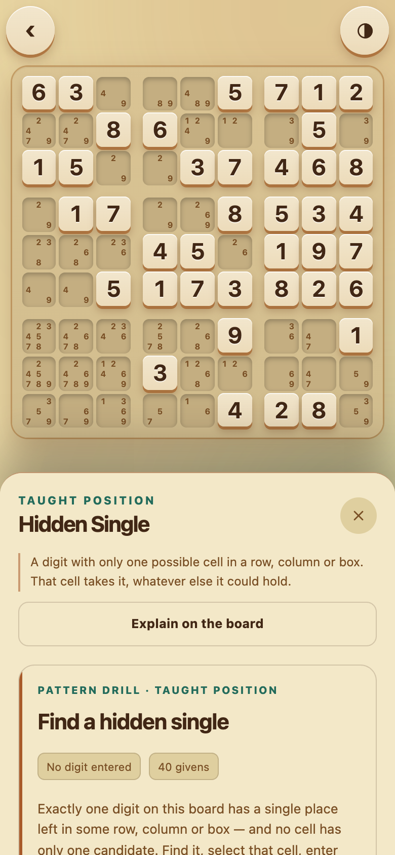 Hidden Single practice position.