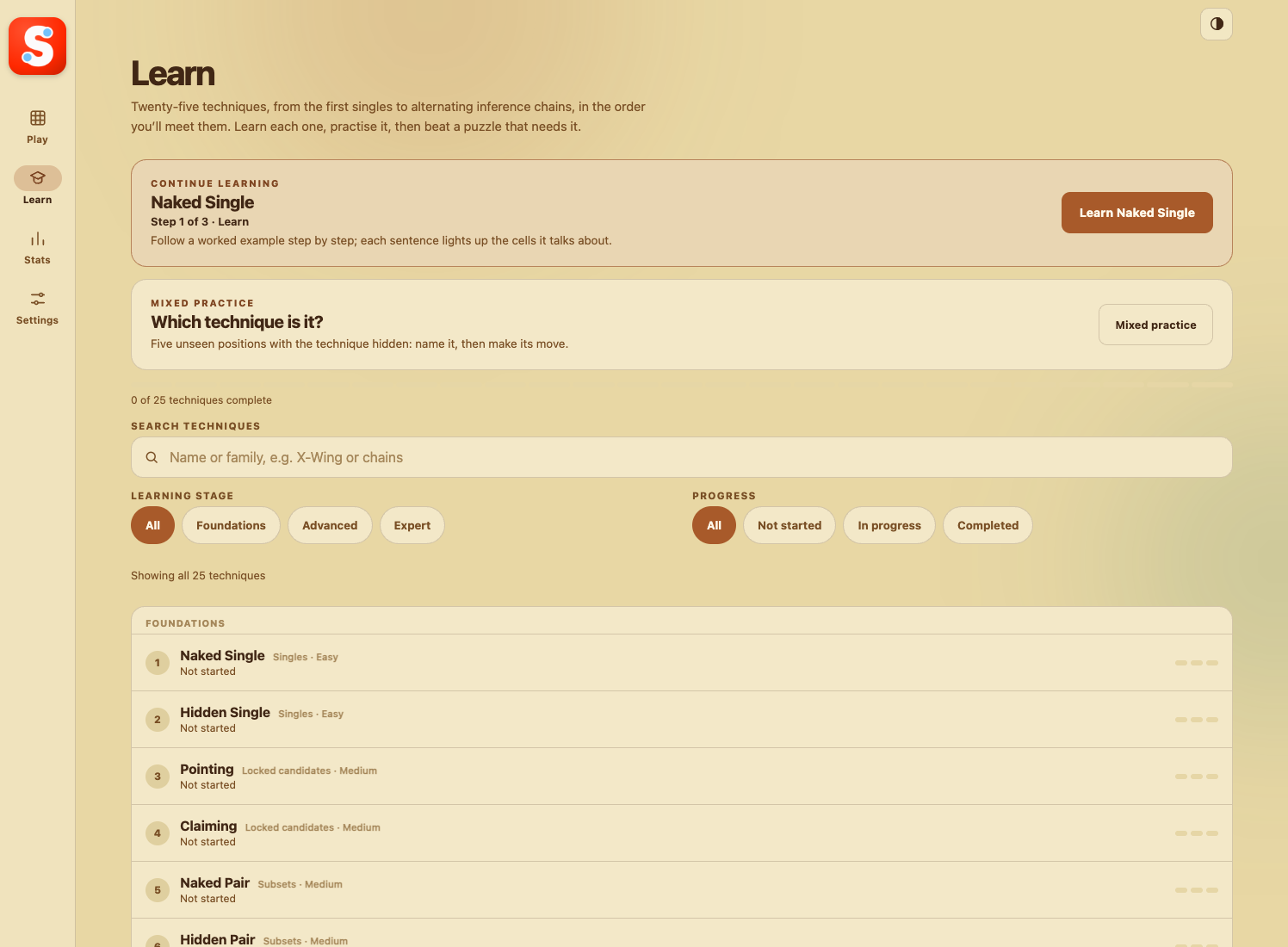 SudokuLab Learn screen with search, filters and technique list.