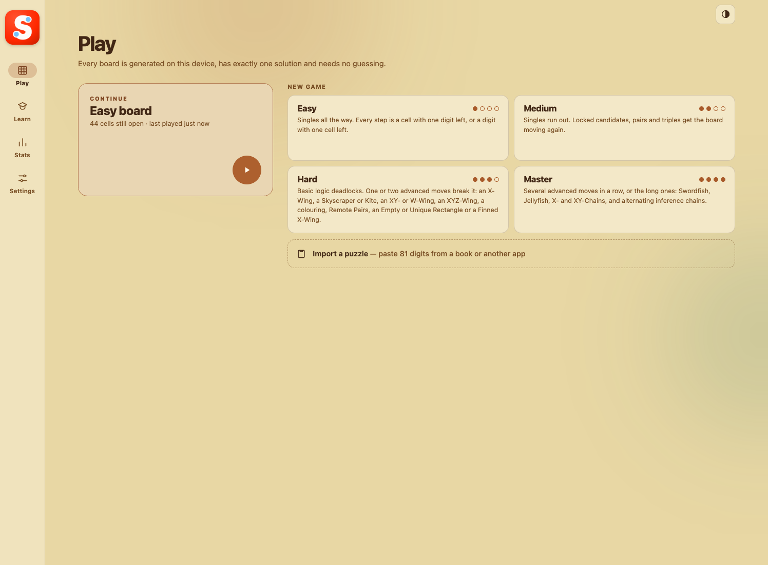 SudokuLab Play screen with a Continue card and four puzzle levels.
