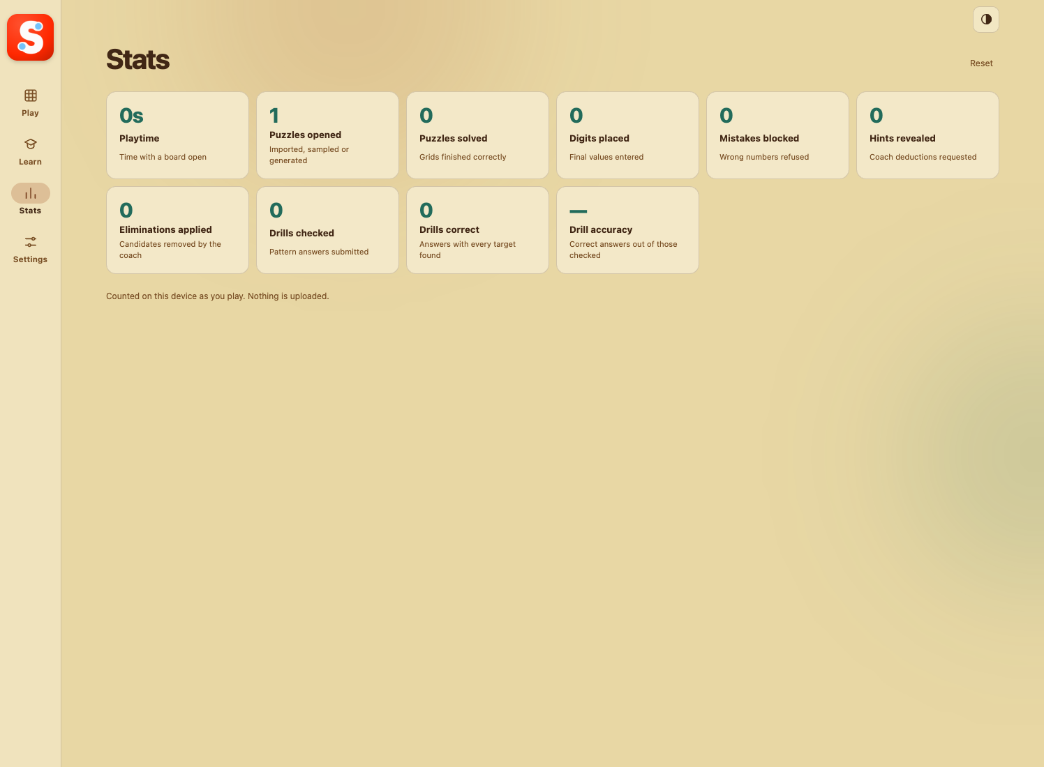 SudokuLab Stats screen with play and learning results.